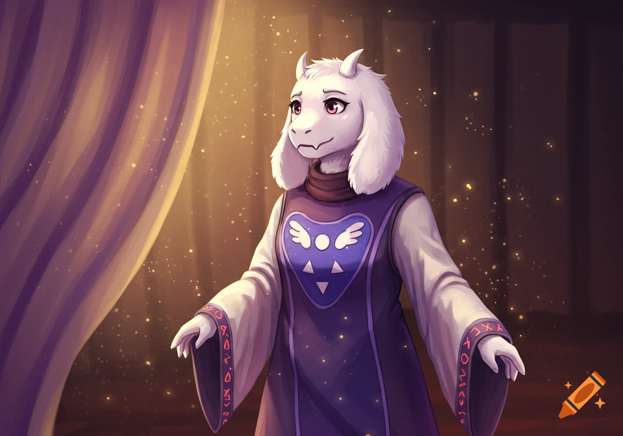 A fluffy white anthropomorphic goat with horns and purple eyes, wearing a purple and white robe with a heart symbol, stands amidst golden sparkling dust.