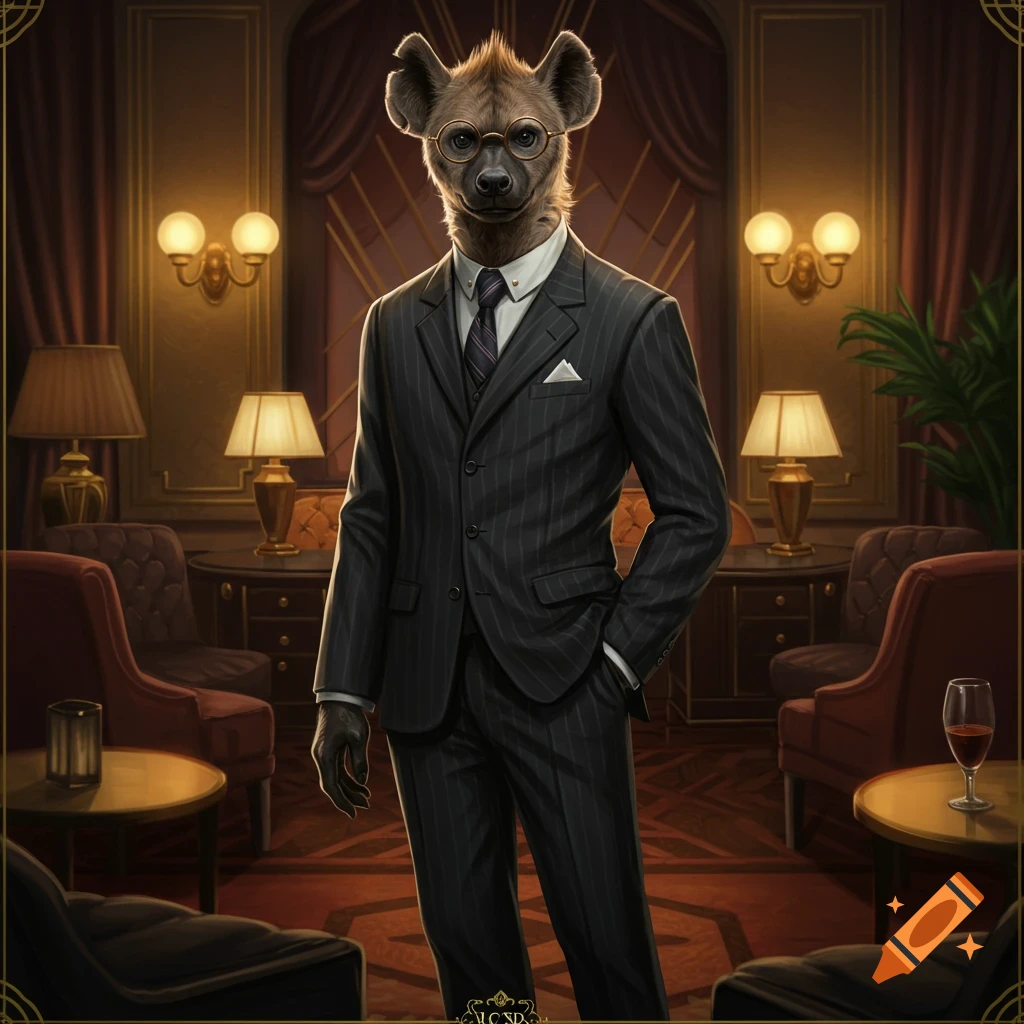 A dapper hyena man wearing a pinstripe suit and round eyeglasses stands in a luxurious, dimly lit room.