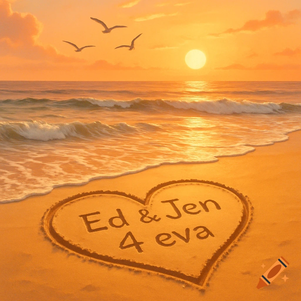 A heart drawn in the sand on a beach with "Ed & Jen 4 eva" written inside, at sunset with seagulls flying above.