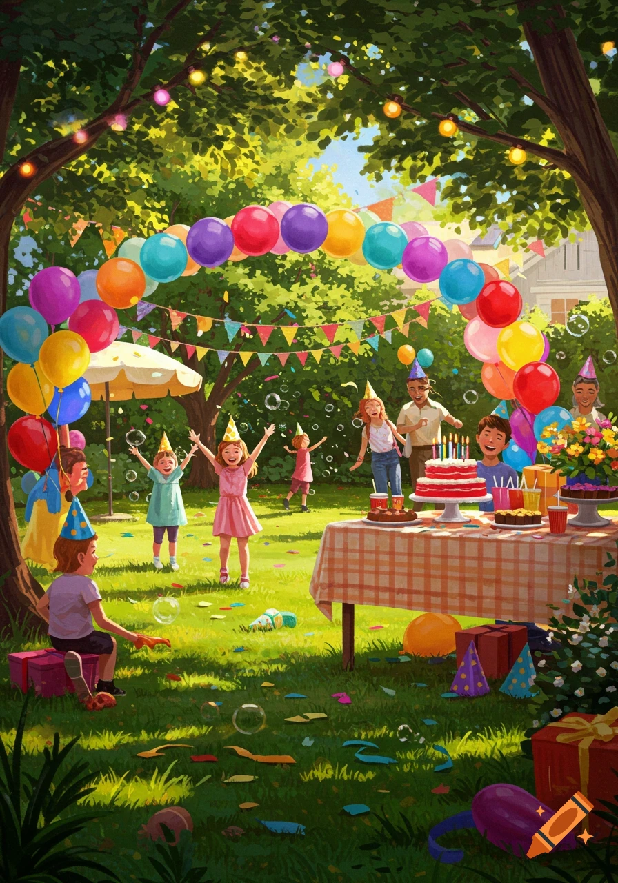 A vibrant illustration of a children's birthday party in a sunny garden with balloons, cake, and children playing.