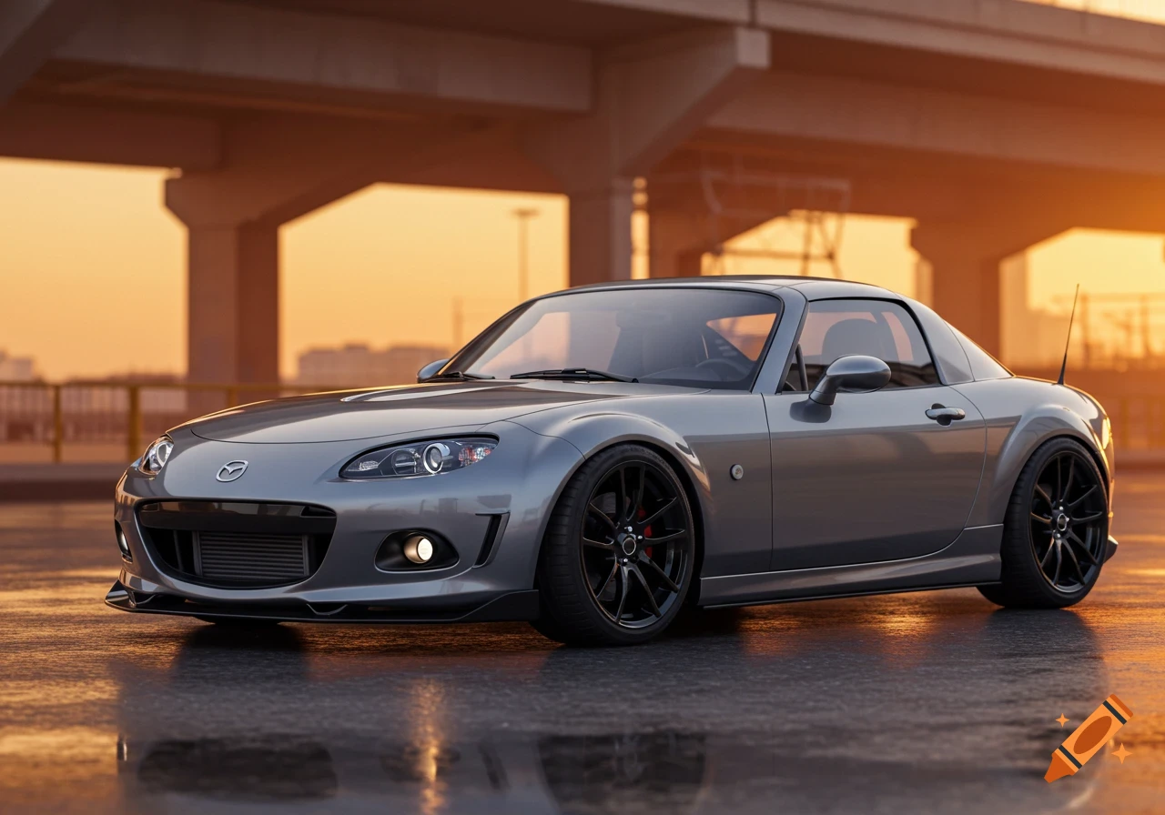 A silver Mazda MX-5 with black wheels and a body kit parked on a wet ground under an overpass at sunset.