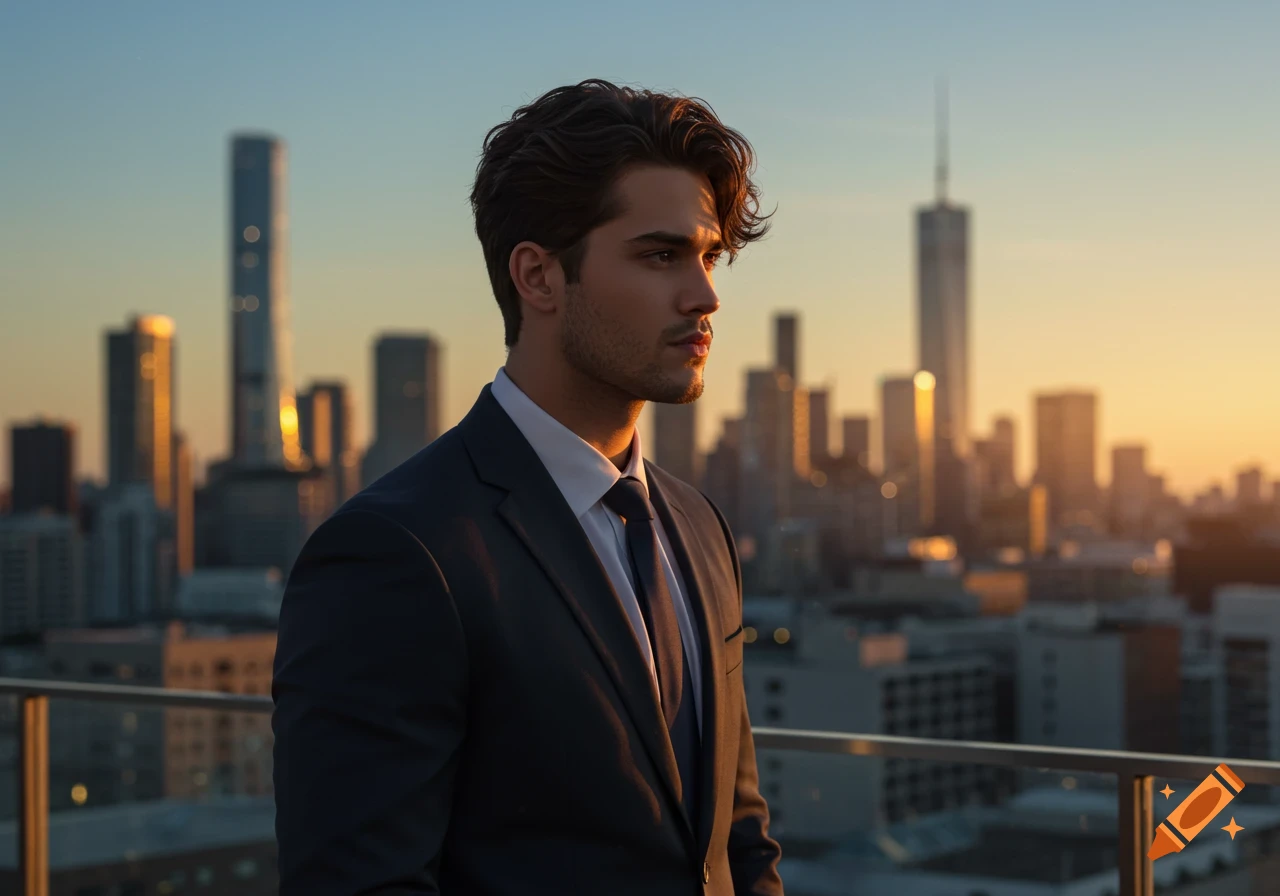 Photorealistic portrait of a man in a suit on a rooftop at sunset, with a city skyline in the background.