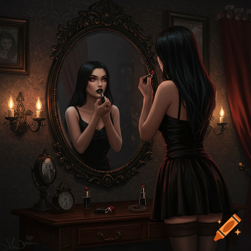 A woman in a dark room applies black lipstick while her reflection in an ornate mirror shows her as a red-eyed seductress.