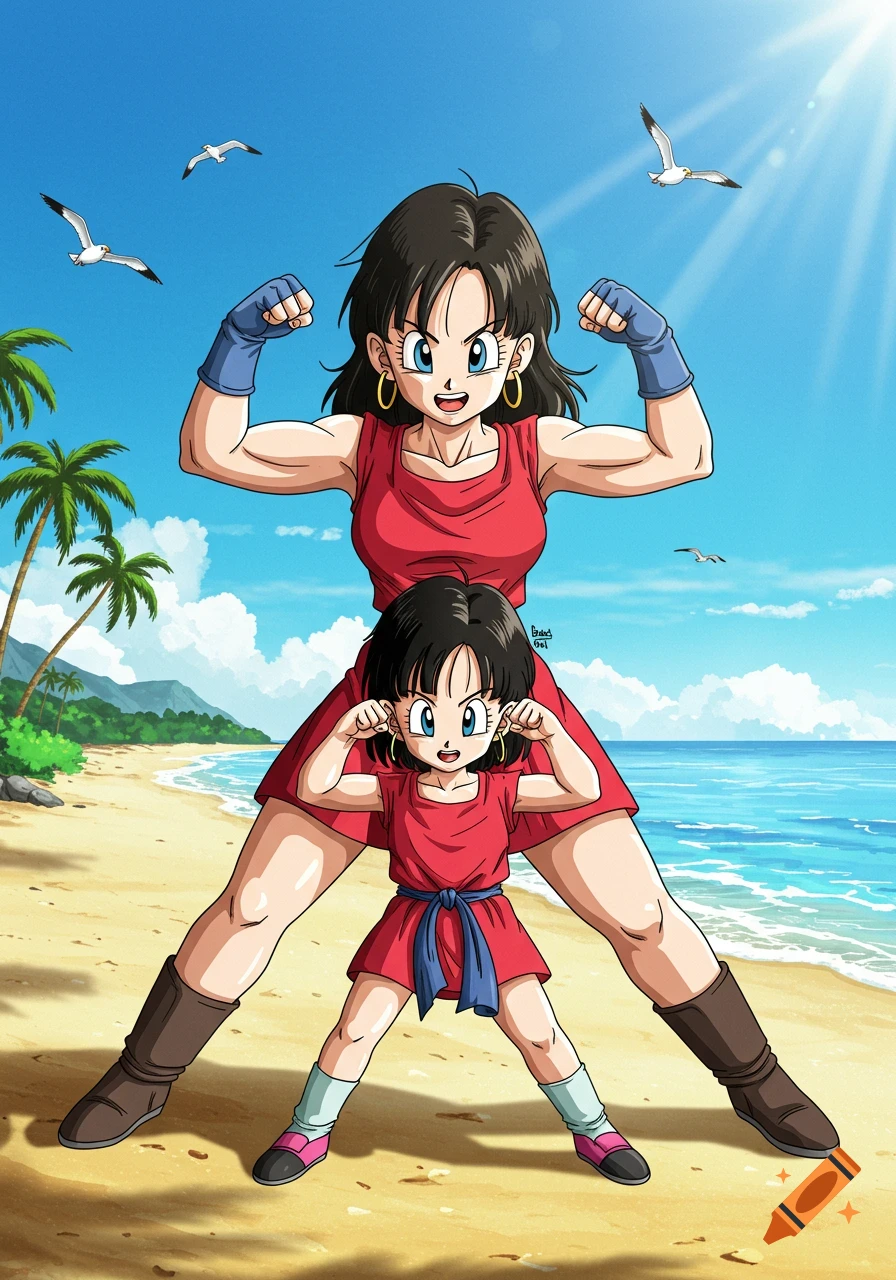 Videl and Pan (Dragon Ball Z characters) flexing on a sunny beach in anime style.