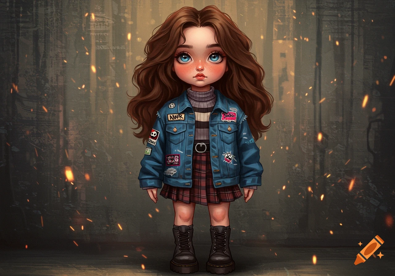 A stylized illustration of a young girl with long brown hair and blue eyes, wearing a blue denim jacket with patches, a striped sweater, and a plaid skirt, standing in a dark, textured background with orange light specks.