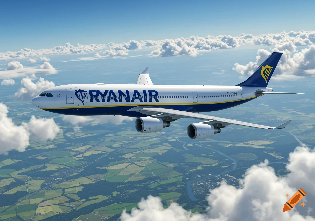 Photorealistic Ryanair airplane flying above a green landscape with clouds.