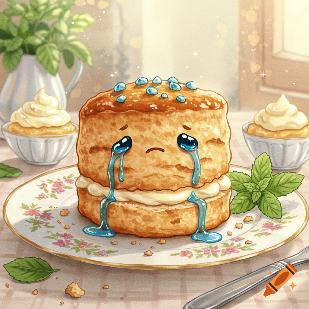 A cute, illustrated scone with blue tears crying on a floral plate, surrounded by mint leaves and other desserts on a table.
