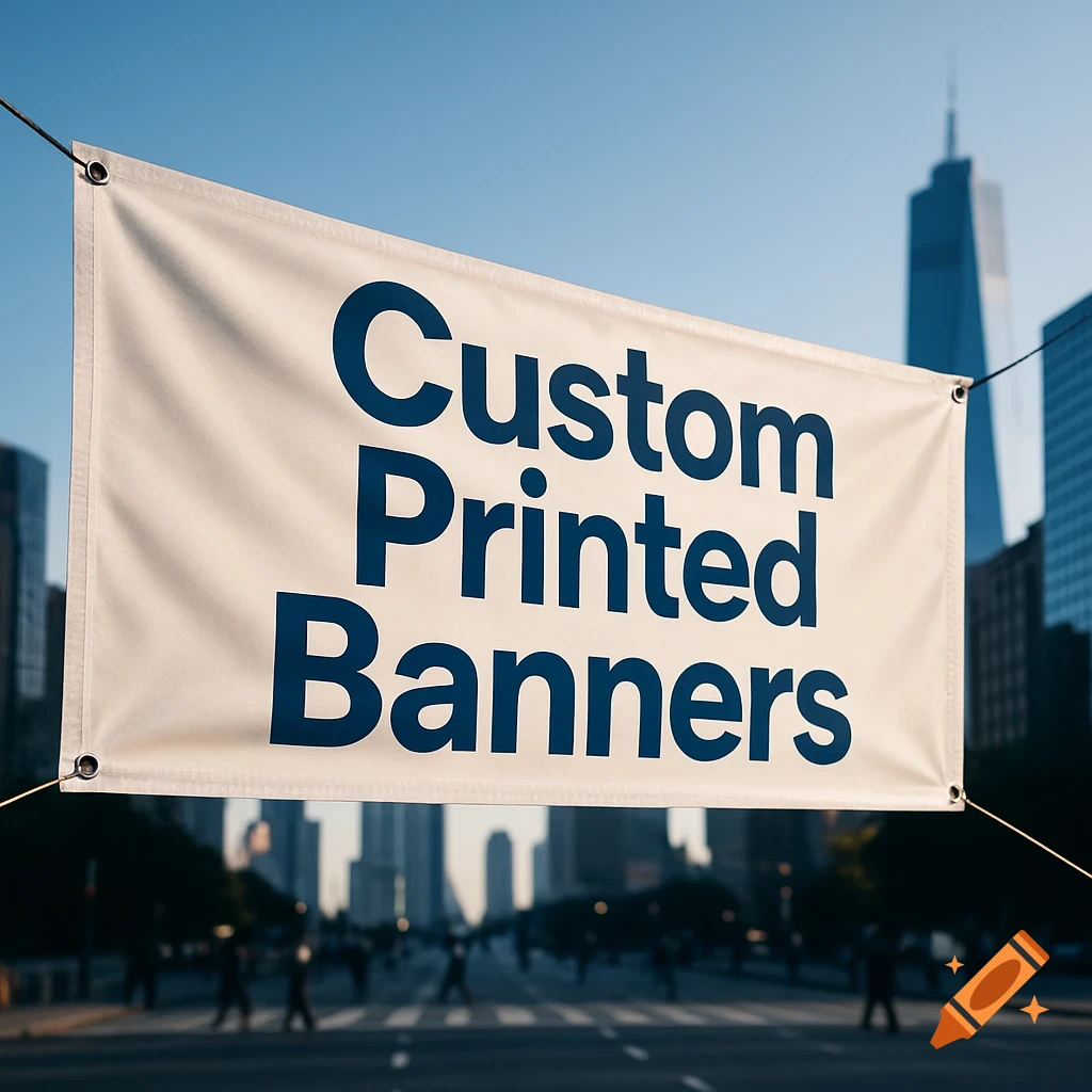 A white banner with blue text saying 'Custom Printed Banners' hangs against a clear sky, with blurred city skyscrapers and a street below.