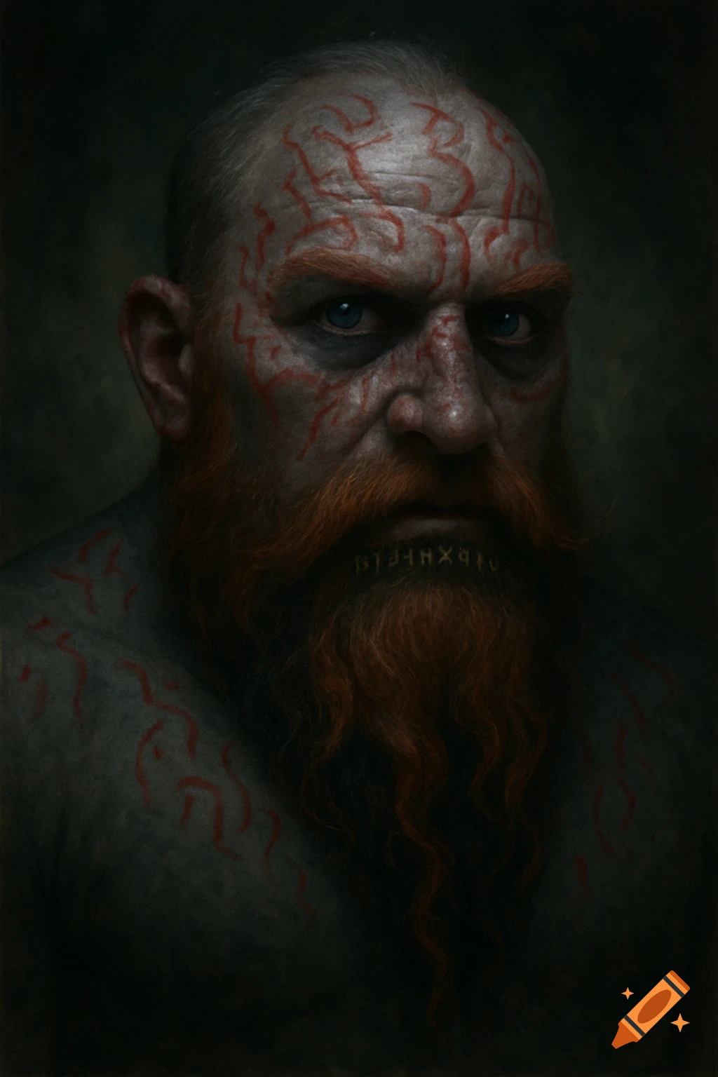 Close-up portrait of a fierce-looking man with a red beard, blue eyes, and red runes tattooed on his face, bald head, and neck. He has dark eye circles and a serious expression.