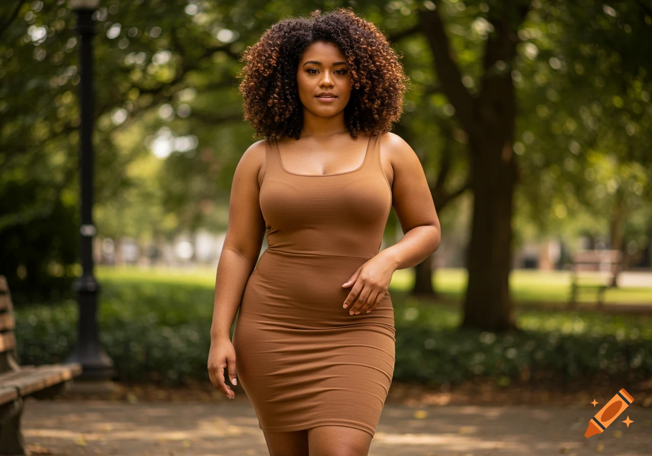A woman with curly hair wearing a brown dress stands in a park.