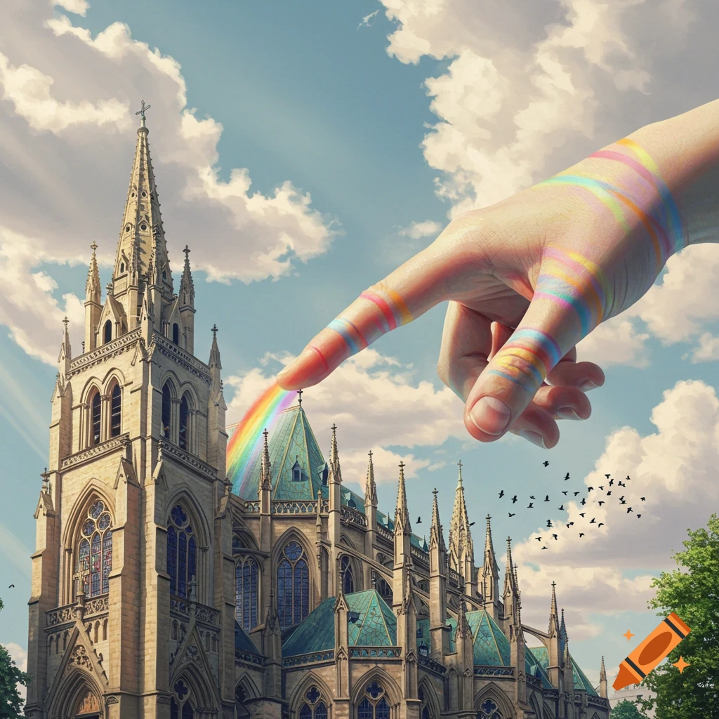 A giant hand with rainbow stripes touches a gothic church steeple, emitting a rainbow, under a cloudy sky.