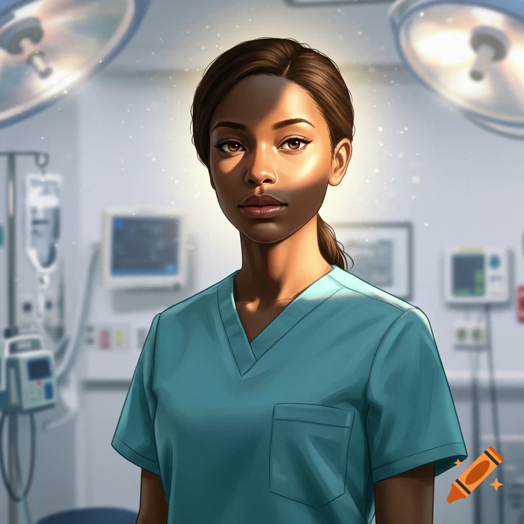 A stylized illustration of a young female nurse in teal scrubs, standing in an operating room with surgical lights above.