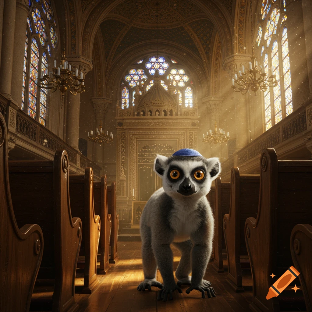 Photorealistic image of a lemur wearing a blue kippah, standing in the aisle of a synagogue with stained glass windows and wooden pews.