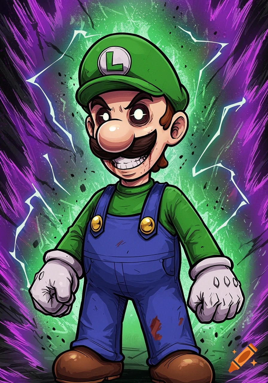 Luigi with a menacing grin, glowing eyes, and blood splatters, in a stylized, intense Dragon Ball art style with a purple and green electric background.