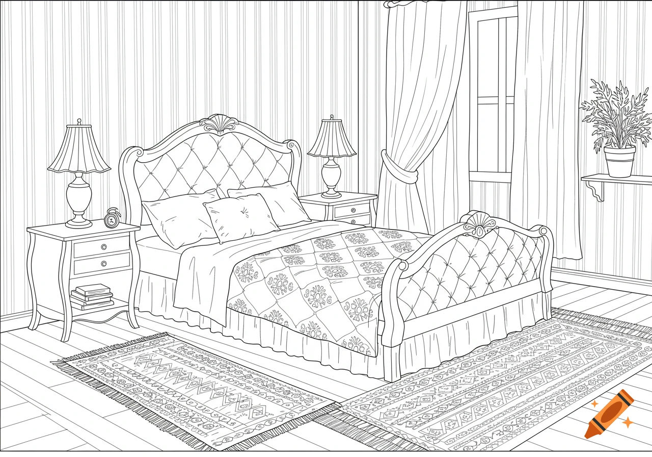 Black and white line art coloring page of a cozy bedroom with a large bed, nightstands, lamps, and rugs.
