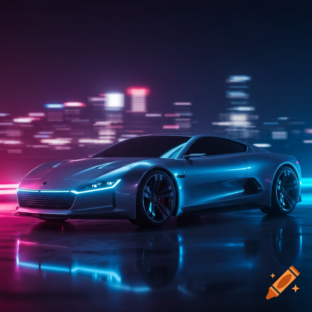 A sleek, silver futuristic sports car with glowing blue and pink neon lights parked on a reflective surface in front of a blurry cityscape at night.