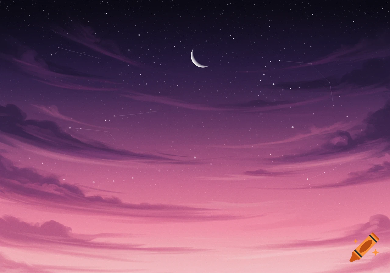 A vibrant night sky with a crescent moon and stars amidst purple and pink clouds, with constellations faintly visible.