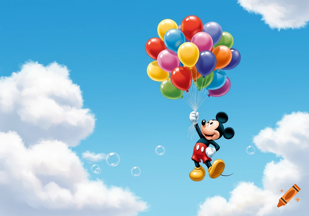 Mickey Mouse holding colorful balloons, flying in a bright blue sky with fluffy white clouds and bubbles.
