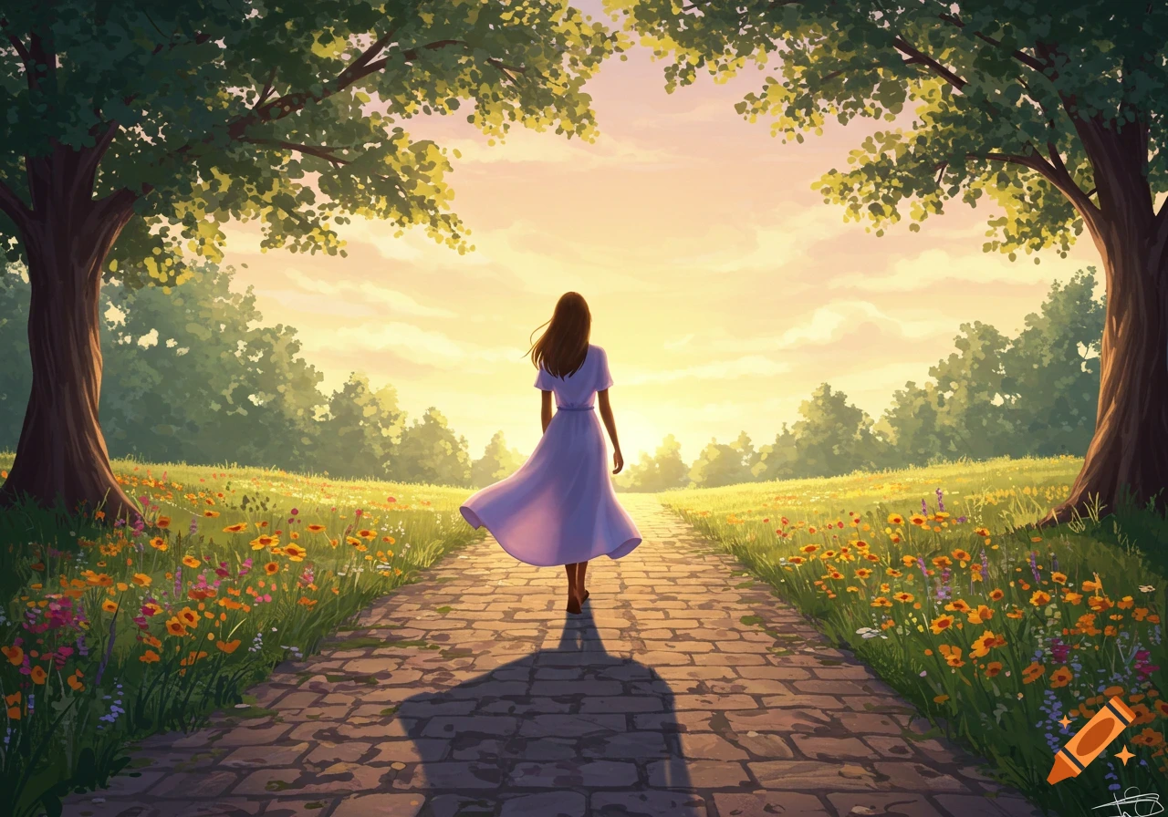 A woman in a white dress walks away on a cobblestone path through a sunlit field with trees and flowers, in a dreamlike illustration style.