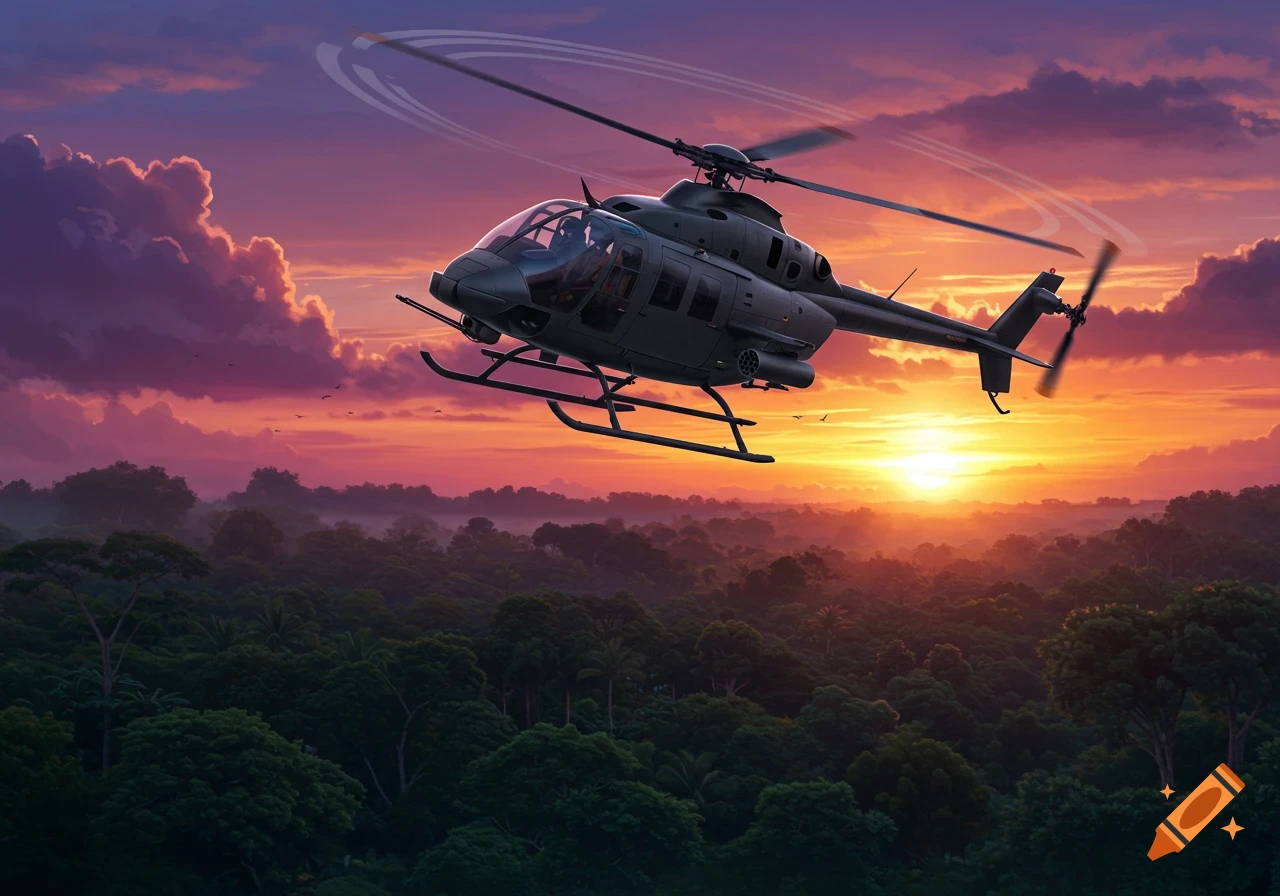 A military helicopter flies over a dense jungle canopy during a vibrant sunset with orange and purple clouds.