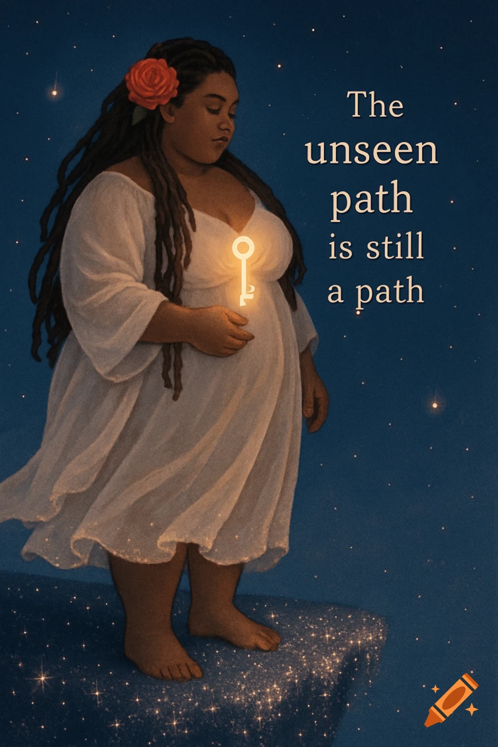 A plus-size woman with dreadlocks and a red rose in her hair stands barefoot on a starry cliff, holding a glowing key. Text says "The unseen path is still a path."