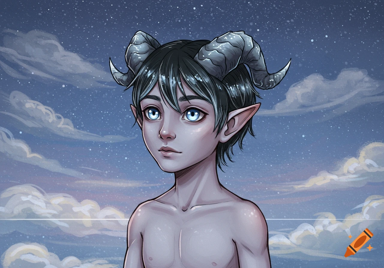 A stylized illustration of a young, pale-skinned tiefling-like character with black hair, blue eyes, and large gray horns, looking forward against a starry night sky.