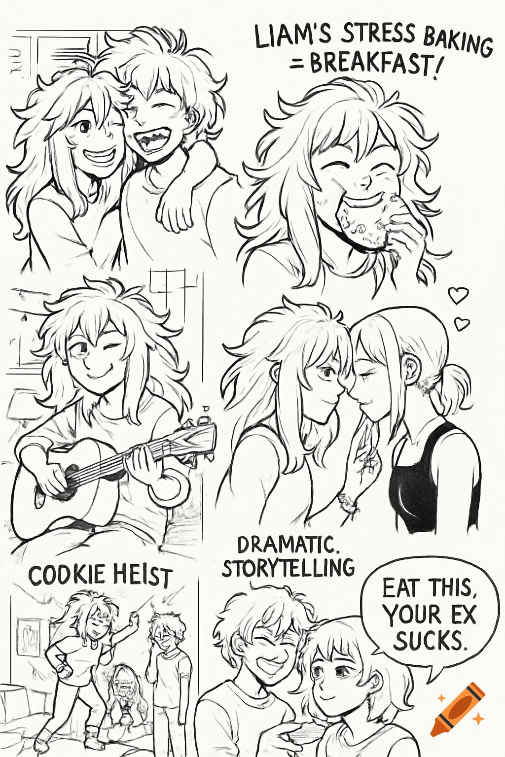 Monochrome line art comic strip depicting a character named Maya in various humorous and heartwarming scenes, including baking, playing guitar, a cookie heist, and interacting with friends Liam and Riley. Text titles each panel.
