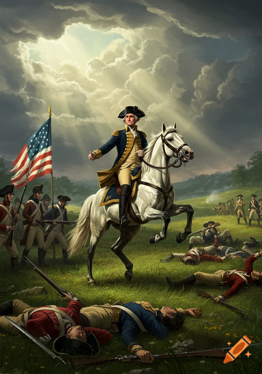 George Washington on a white horse on a battlefield with soldiers, fallen foes, and an American flag.