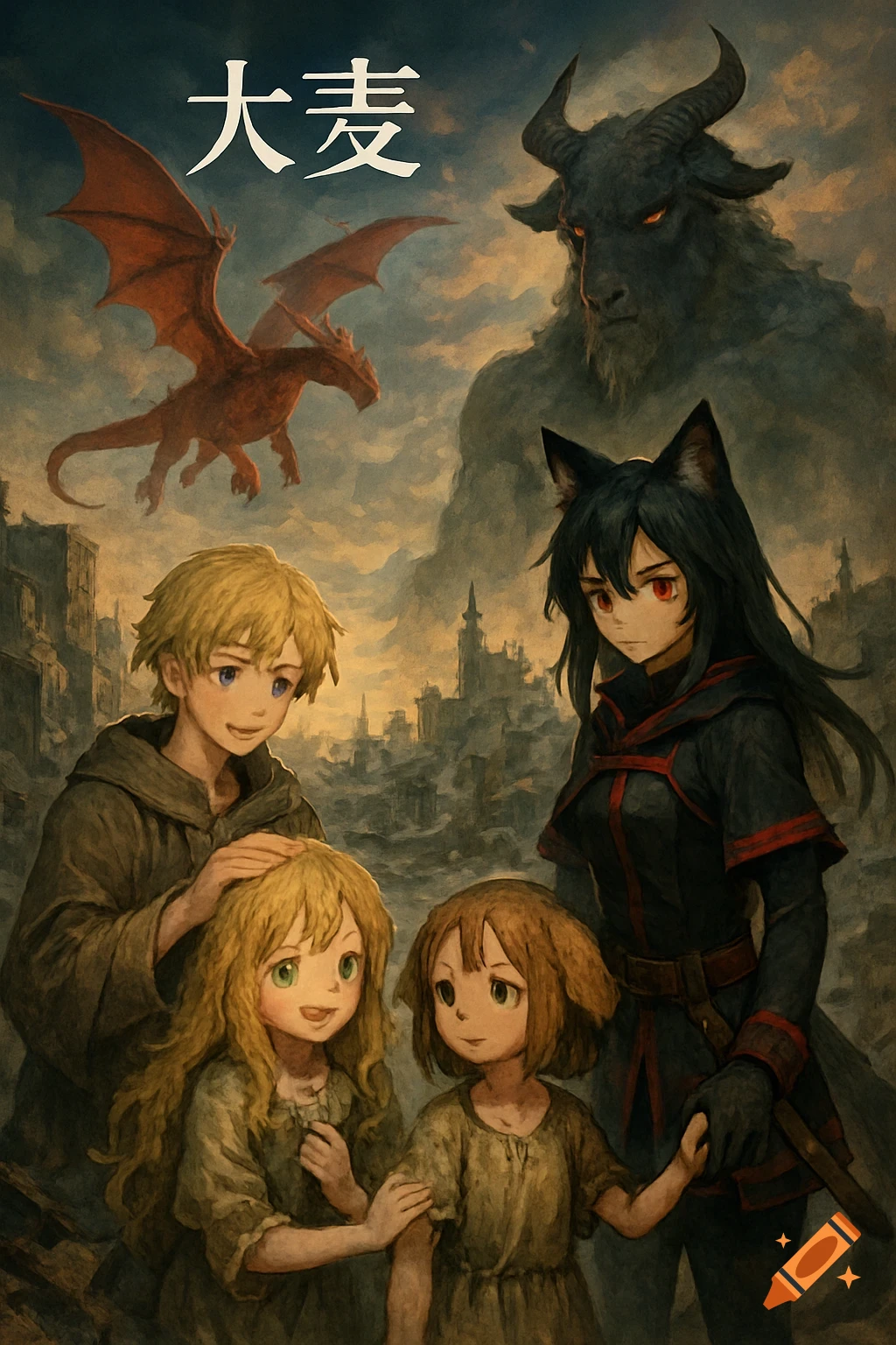 Anime fantasy book cover of diverse characters, a dragon, and a goat monster overlooking a ruined city.
