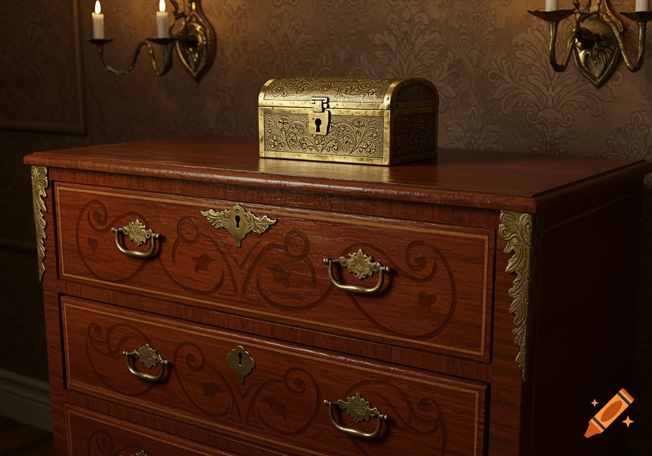 A photorealistic image of an antique wooden chest of drawers with a gold ornate lockable box on top, lit by a wall sconce.