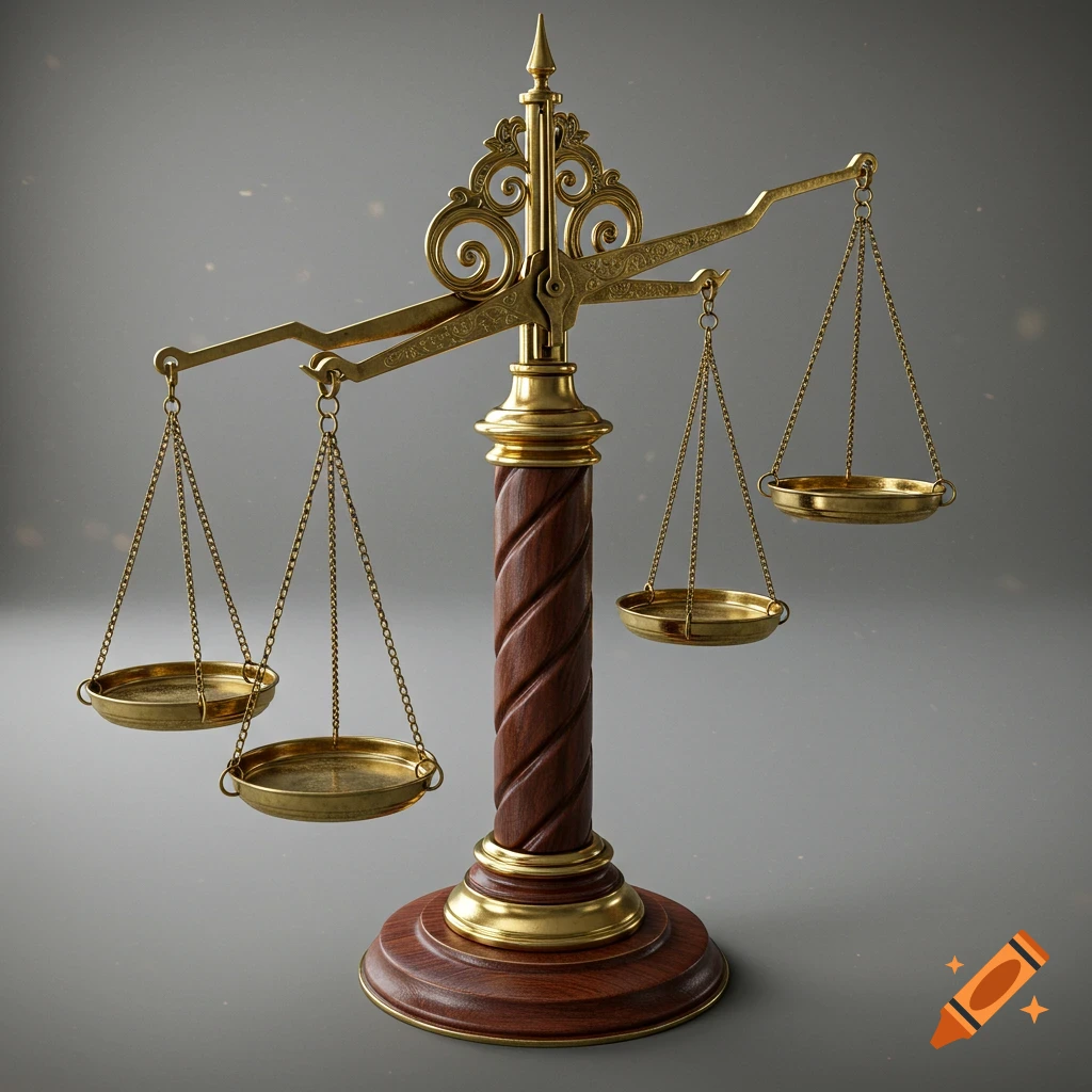A detailed, stylized image of an antique multi-pan balance scale with a wooden base and ornate brass components, featuring five weighing pans.