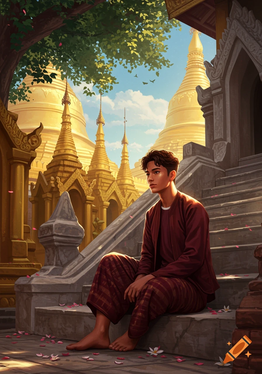 Young man in red traditional clothes sits barefoot on stone steps of a golden Burmese temple.