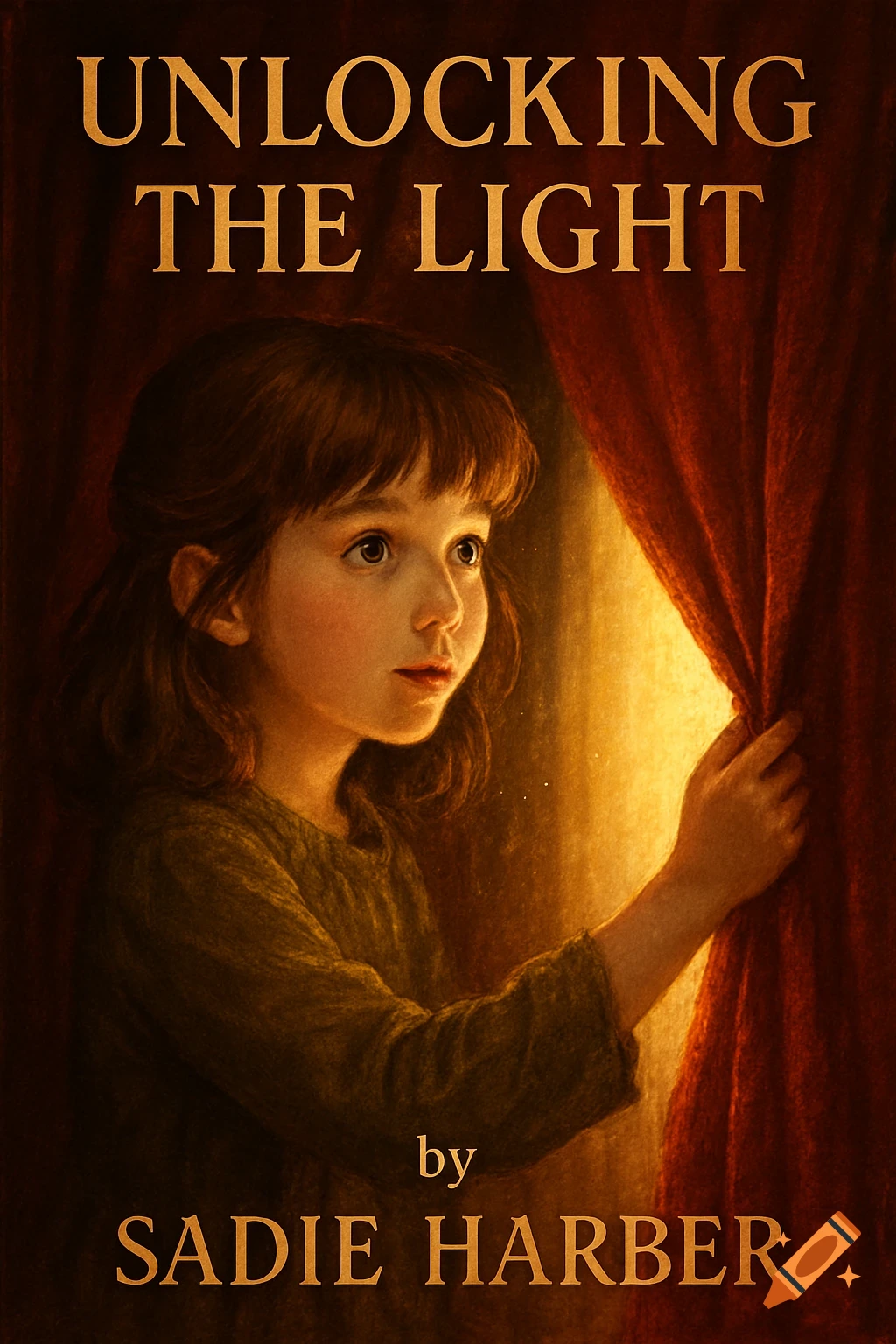 A painting of a young girl with brown hair and bangs opening a red velvet curtain to reveal a bright light, with the title "UNLOCKING THE LIGHT" at the top and "by SADIE HARBER" at the bottom.