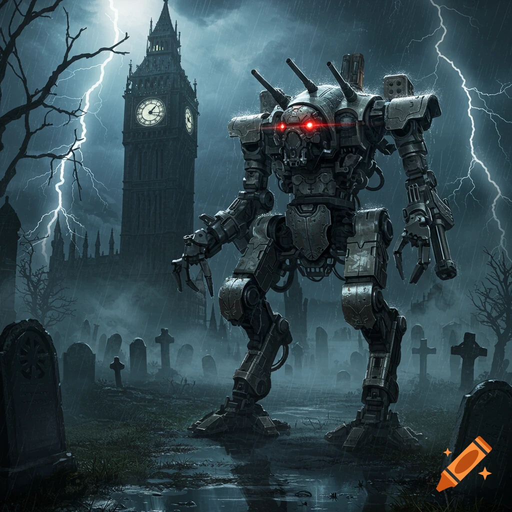 A large war robot with glowing red eyes stands in a dark, stormy graveyard with lightning striking, and a tall clock tower in the background.