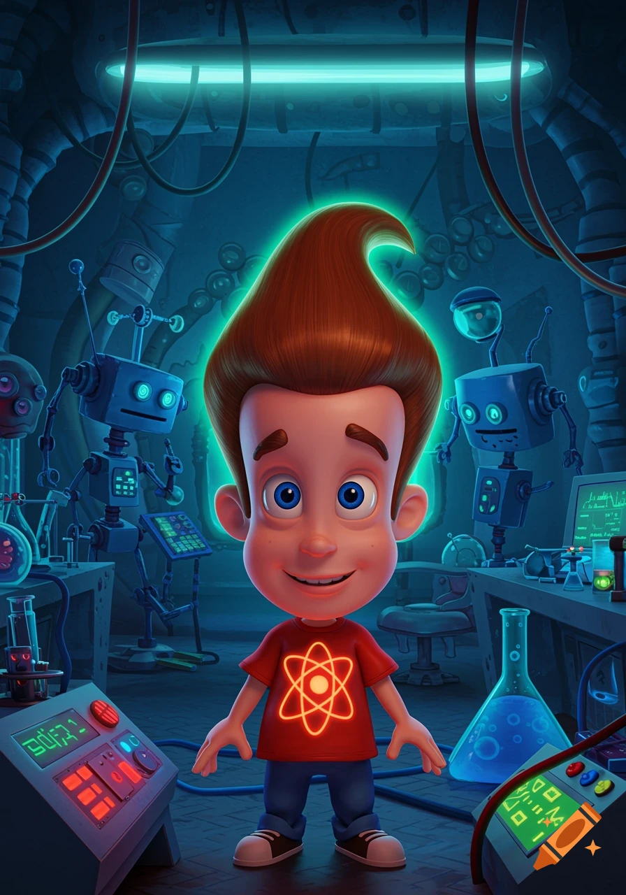 Jimmy Neutron stands in a glowing, futuristic science lab with robots and beakers.