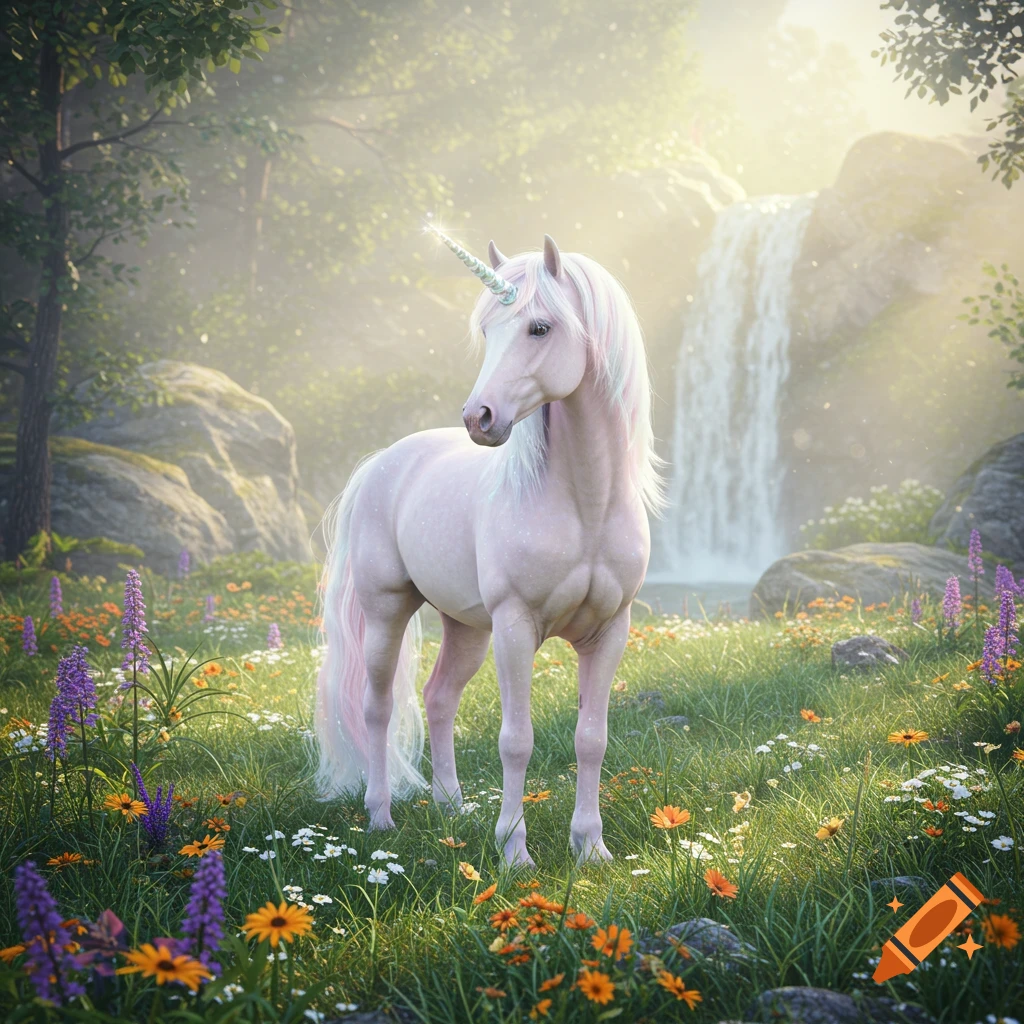 A light pink unicorn with a sparkling horn stands in a sunlit meadow of colorful wildflowers, with a waterfall and trees in the background.