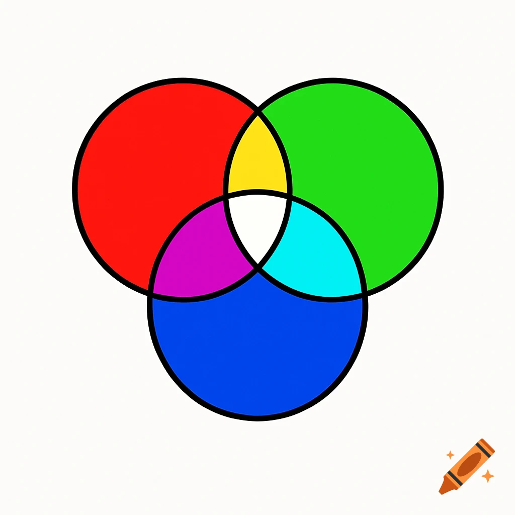 A precise illustration of three overlapping circles in red, green, and blue, creating yellow, magenta, cyan, and a white center.