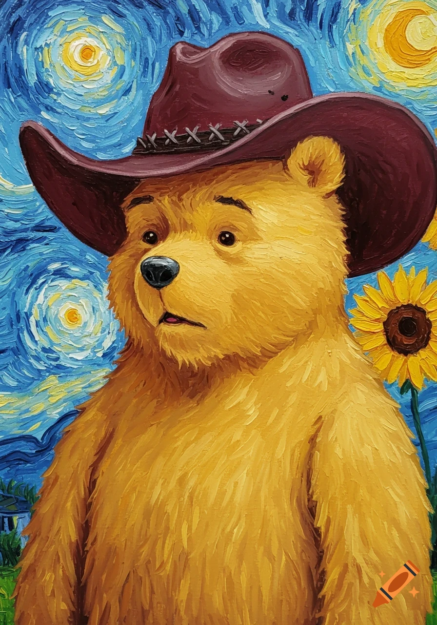 A painting of Winnie the Pooh wearing a brown cowboy hat against a swirling blue, yellow, and green background reminiscent of Van Gogh's Starry Night, with a sunflower visible on the right.