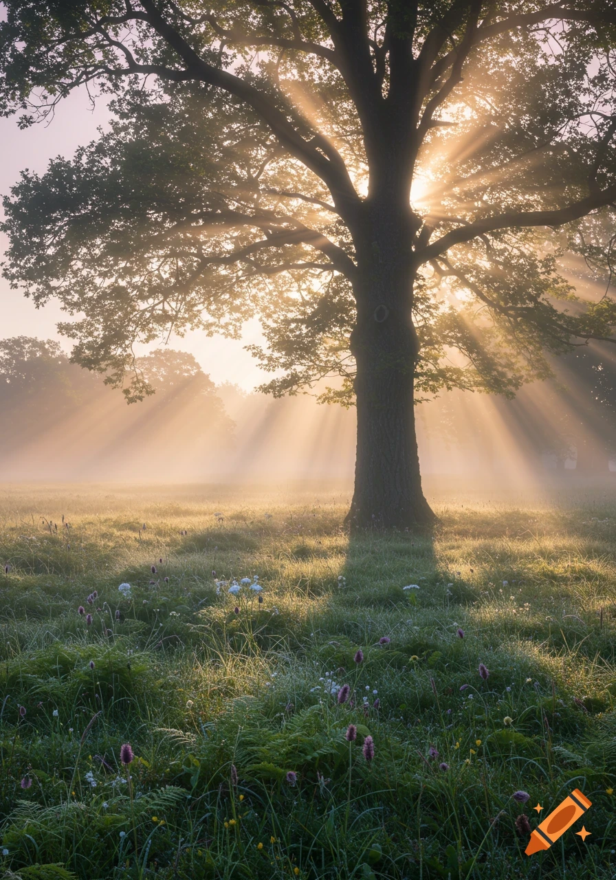 Sunlight streams through a large, leafy tree into a misty, dew-covered green field with wildflowers at sunrise.