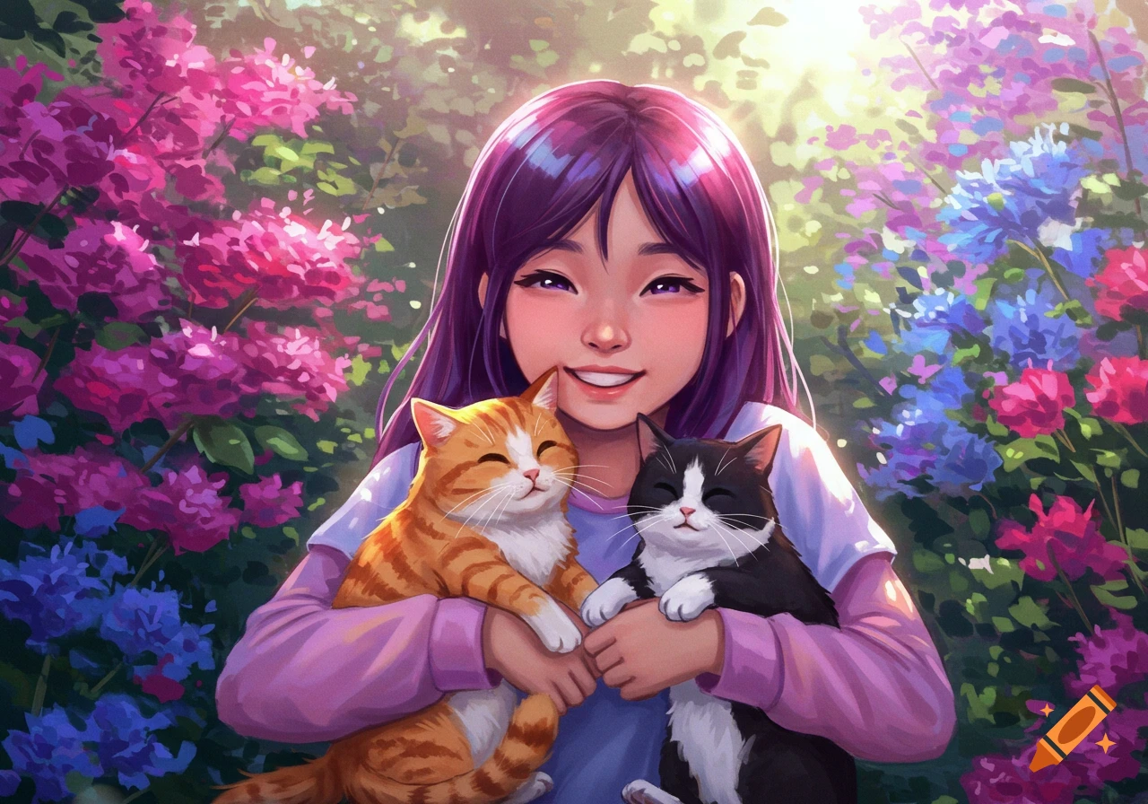 Smiling anime girl with purple hair holds two cats in a vibrant flower garden with pink and blue flowers.