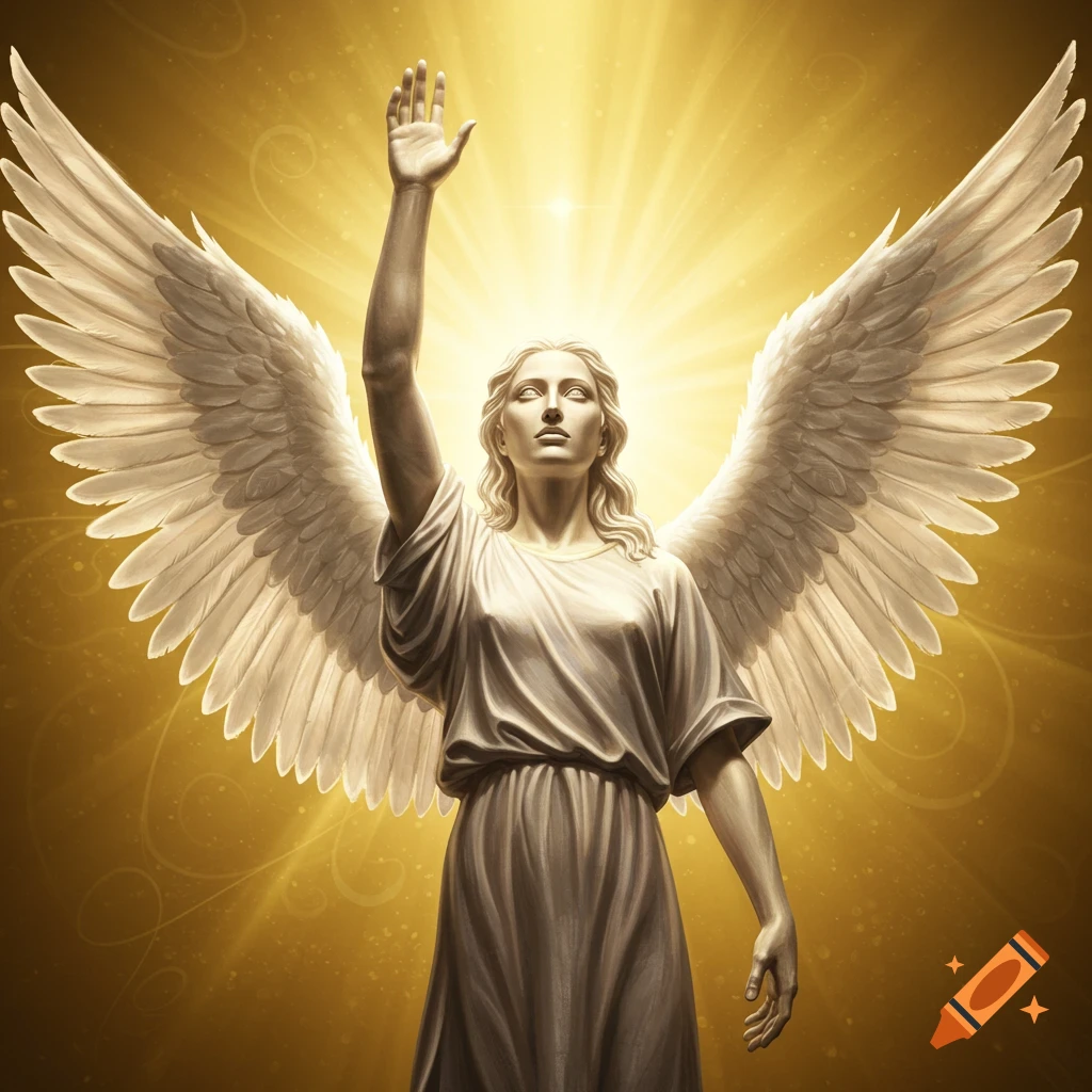 A radiant angel with large white wings raises a hand towards a bright golden light, looking proud.