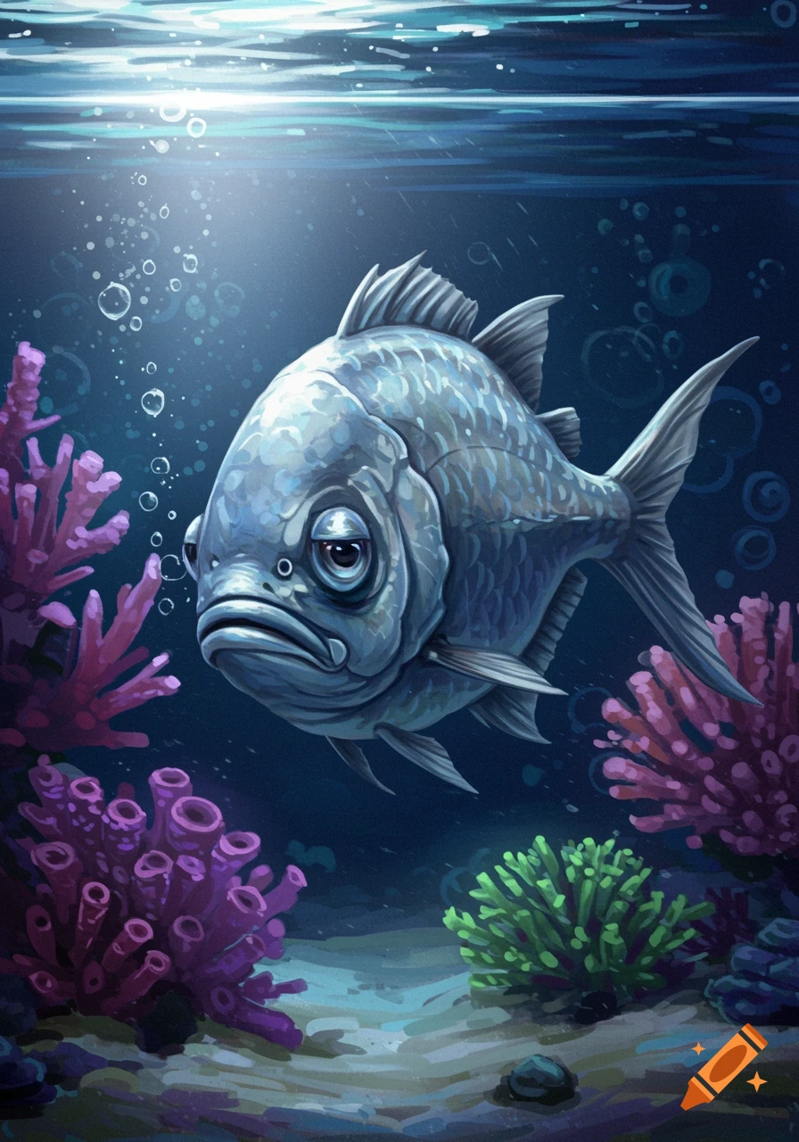 An illustration of a sad-looking grey fish with large eyes underwater, surrounded by vibrant pink and green coral.