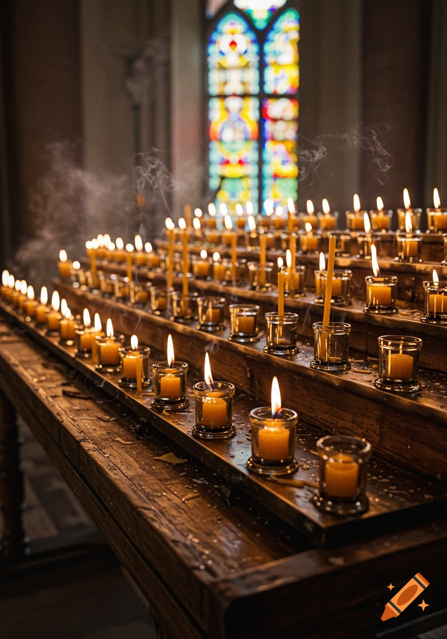 Numerous lit devotional candles on a wooden stand in a dimly lit church with a stained glass window in the background, photorealistic style.