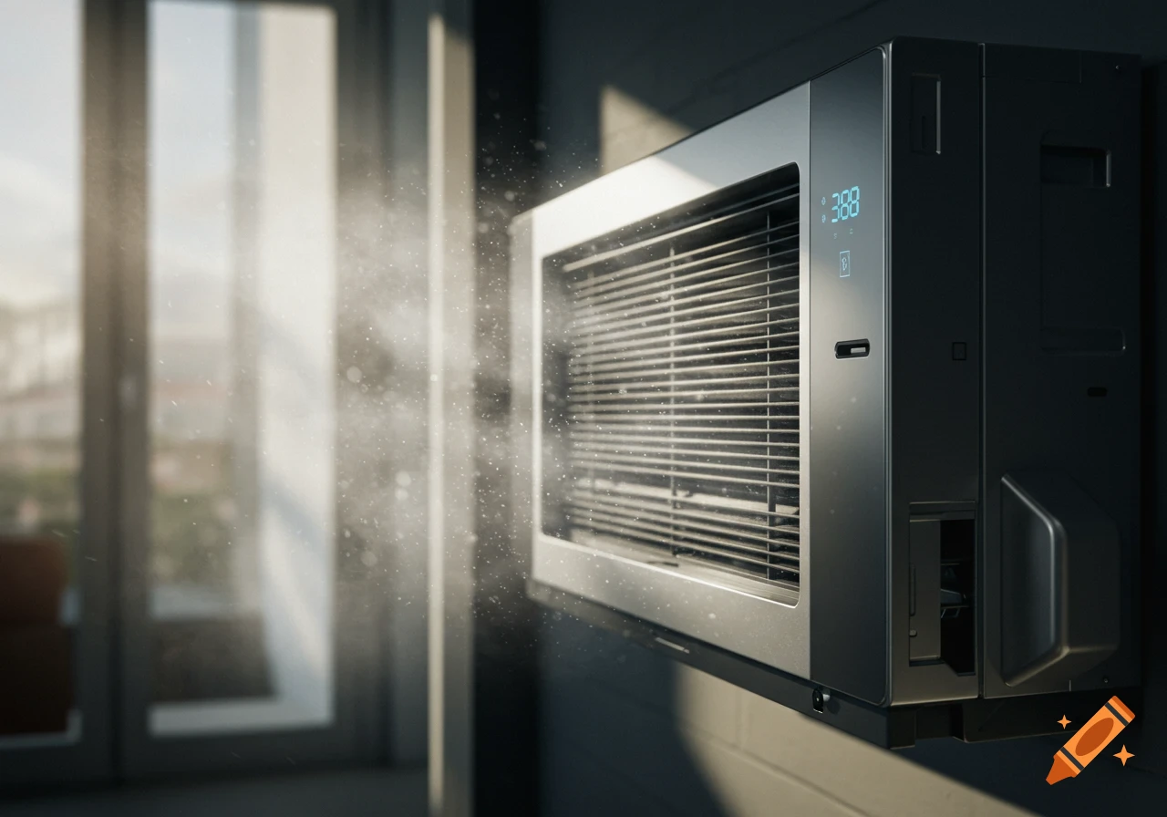 Photorealistic image of an air conditioner mounted on a wall, with sunlight streaming from a window and dust particles visible in the air.