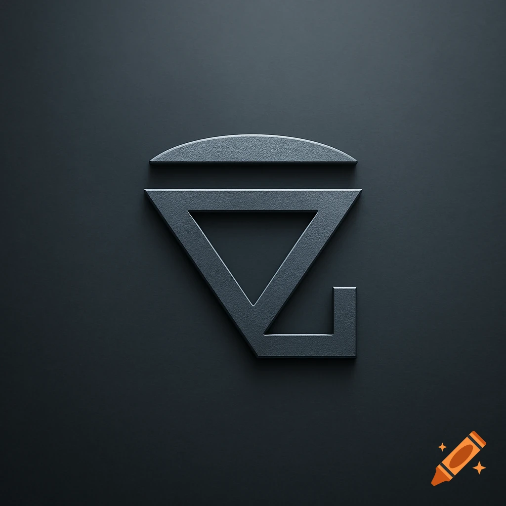 A minimalist abstract dark gray metallic symbol or logo featuring a downward pointing triangle and an angled line, set against a dark gray background.