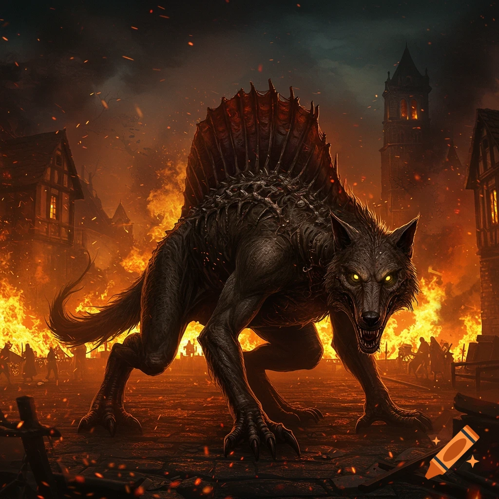 A monstrous, dark wolf-like creature with glowing yellow eyes in a burning medieval town under a stormy sky, fantasy art style.