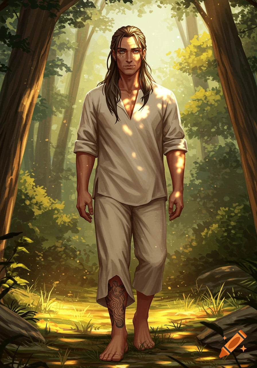 An illustrated man with long hair walks barefoot on a sunlit forest path, wearing simple clothing with a tattoo on his ankle.