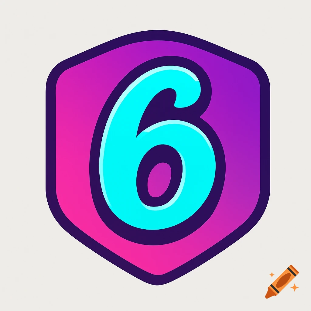 A stylized turquoise number 6 with a purple outline on a pink and purple gradient hexagon badge.