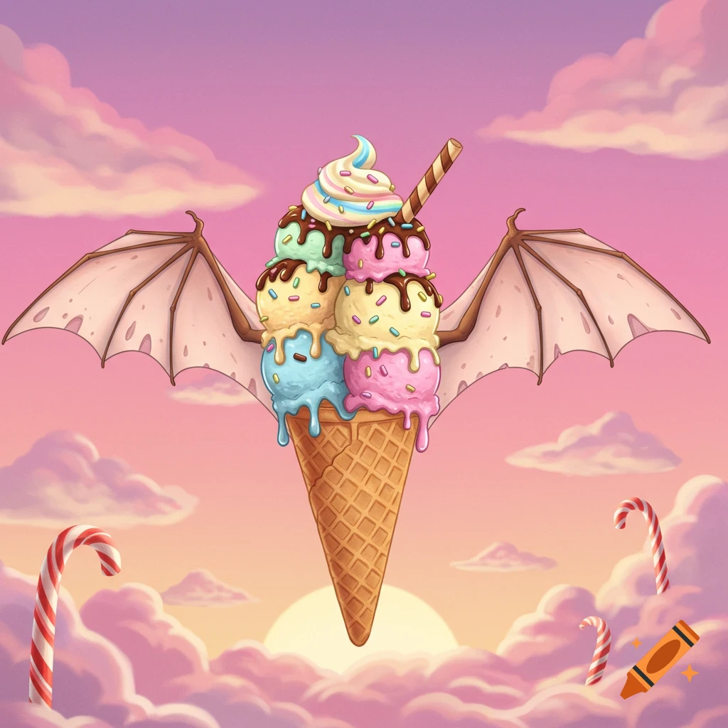 A whimsical illustration of a multi-scoop ice cream cone with bat wings, chocolate syrup, and sprinkles, floating in a dreamy pink and purple cloudy sky with candy canes.
