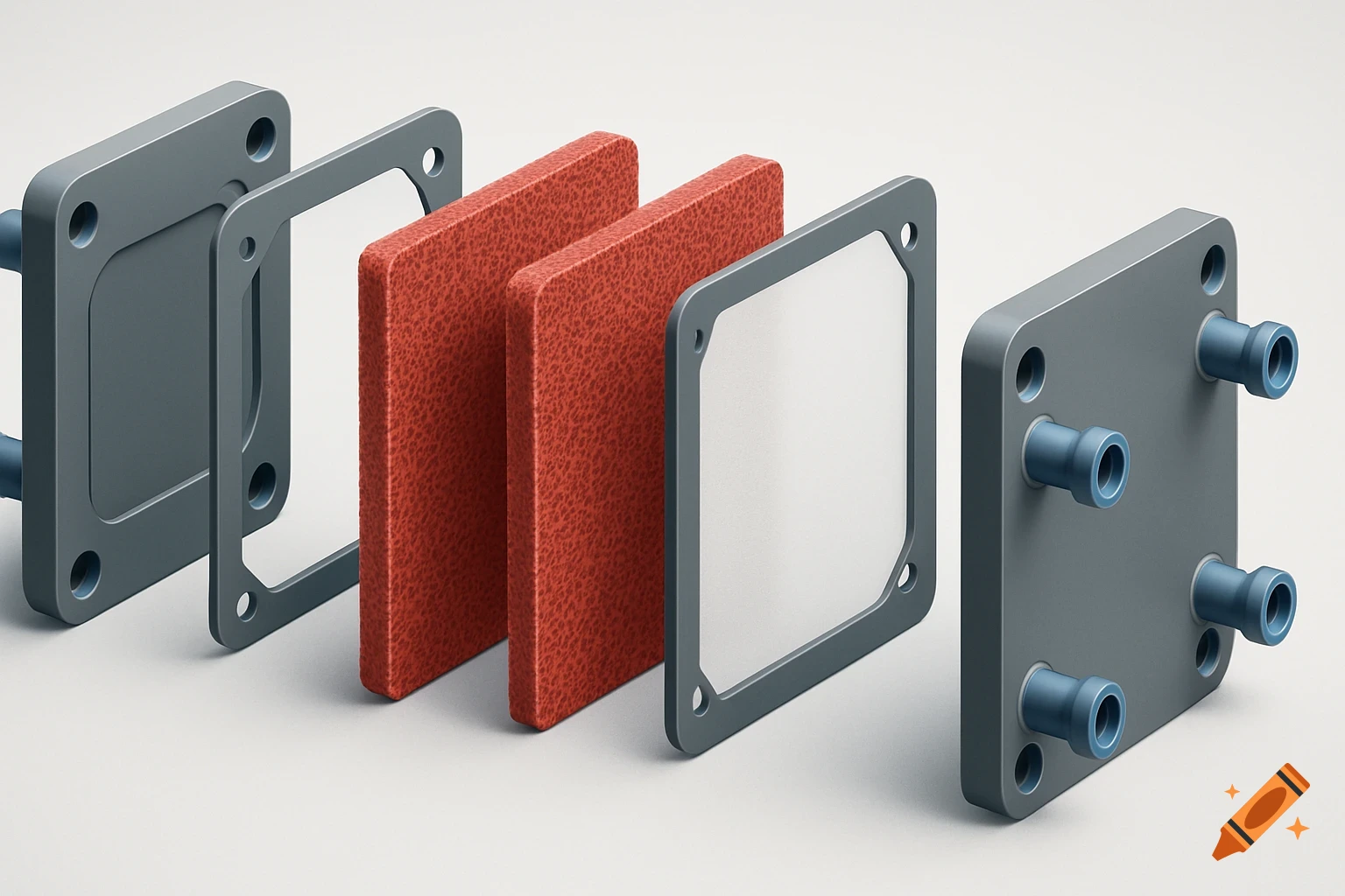 Exploded view diagram of an alkaline water electrolyzer cell assembly with grey plates, red foam, and a white membrane.
